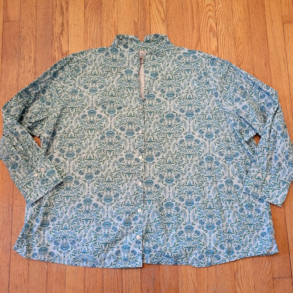 Von Landen 28/30 Blouse Blue Floral Damask Cottage Coastal Feminine Ulla Popken